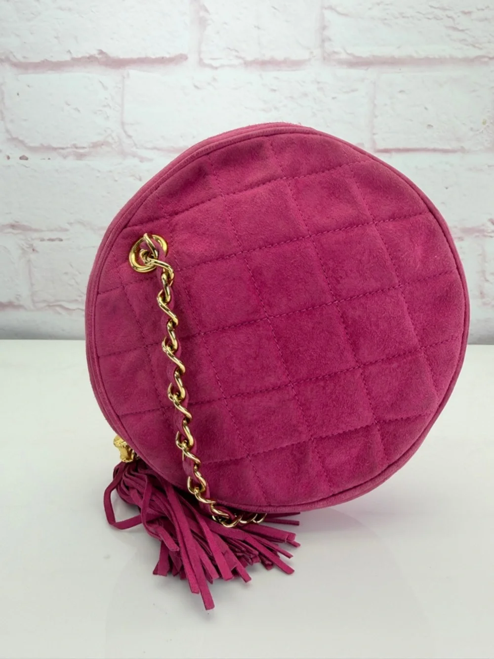 Chanel Hot Pink Quilted Suede Round Clutch on Chain